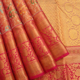 Kanjivaram Silk Saree In Coral Orange With Multicolour Parrot Shikargah And Contrast Pink Gold Zari Border