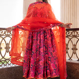 Coral Pink Floral Printed Crepe Anarkali Set With Sheer Dupatta