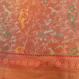 Kanjivaram Silk Saree In Coral Orange With Multicolour Parrot Shikargah And Contrast Pink Gold Zari Border
