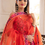 Coral Pink Floral Printed Crepe Anarkali Set With Sheer Dupatta