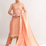 Peach Banarasi Silk Floral Kurti Set