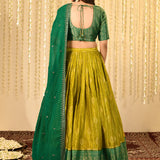 Golden Mehendi Green Tissue Banarasi Lehenga Set
