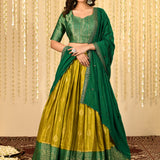 Golden Mehendi Green Tissue Banarasi Lehenga Set