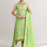 Parrot Green Banarasi Silk Floral Kurti Set
