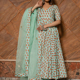 Sage Green Floral Printed Cotton Anarkali Set With Gota Dupatta