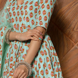 Sage Green Floral Printed Cotton Anarkali Set With Gota Dupatta