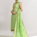 Parrot Green Banarasi Silk Floral Kurti Set