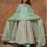 Sage Green Floral Printed Cotton Anarkali Set With Gota Dupatta