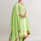 Parrot Green Banarasi Silk Floral Kurti Set
