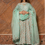 Sage Green Floral Printed Cotton Anarkali Set With Gota Dupatta
