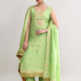 Parrot Green Banarasi Silk Floral Kurti Set