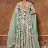 Sage Green Floral Printed Cotton Anarkali Set With Gota Dupatta