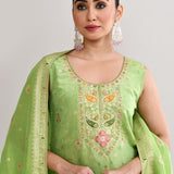 Parrot Green Banarasi Silk Floral Kurti Set