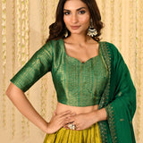 Golden Mehendi Green Tissue Banarasi Lehenga Set