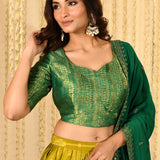Golden Mehendi Green Tissue Banarasi Lehenga Set