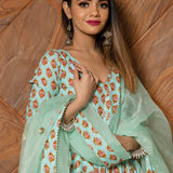 Sage Green Floral Printed Cotton Anarkali Set With Gota Dupatta