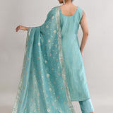 Cyan Blue Banarasi Silk Floral Kurti Set