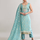 Cyan Blue Banarasi Silk Floral Kurti Set