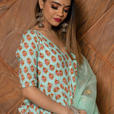 Sage Green Floral Printed Cotton Anarkali Set With Gota Dupatta