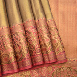 Gorgeous Metallic Beige And Pink Kanjivaram Silk Saree With Gold Zari Peacock Motifs