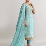Cyan Blue Banarasi Silk Floral Kurti Set