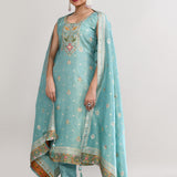 Cyan Blue Banarasi Silk Floral Kurti Set