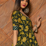 Olive Green Floral Printed Cotton Anarkali Set With Striped Border