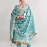 Cyan Blue Banarasi Silk Floral Kurti Set