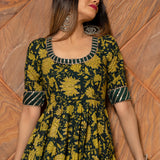 Olive Green Floral Printed Cotton Anarkali Set With Striped Border