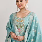 Cyan Blue Banarasi Silk Floral Kurti Set