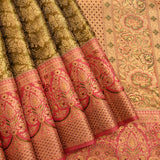 Heritage Olive Green And Pink Kanjivaram Silk Saree With Gold Zari Floral Jaal