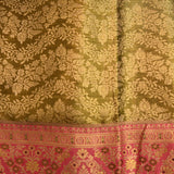 Heritage Olive Green And Pink Kanjivaram Silk Saree With Gold Zari Floral Jaal