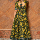Olive Green Floral Printed Cotton Anarkali Set With Striped Border