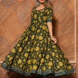 Olive Green Floral Printed Cotton Anarkali Set With Striped Border