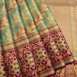 Regal Sea Green And Purple Kanjivaram Silk Saree With Gold Zari Floral Jaal