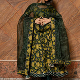 Olive Green Floral Printed Cotton Anarkali Set With Striped Border