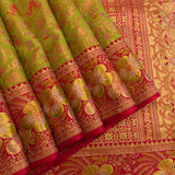 Lime Green Kanjivaram Silk Saree With Rani Pink Floral Border