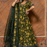 Olive Green Floral Printed Cotton Anarkali Set With Striped Border