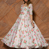 Ivory Floral Printed Chanderi Anarkali Set With Scalloped Hem