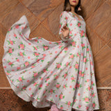 Ivory Floral Printed Chanderi Anarkali Set With Scalloped Hem