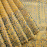 Gold Kanjivaram Silk Saree With Slate Blue Floral Foliage Border