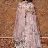 Ivory Floral Printed Chanderi Anarkali Set With Scalloped Hem