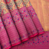 Kanjivaram Rangkat Silk Saree In Peach With Multicolour Paisley Jaal And Contrast Pink Geometric Star Border