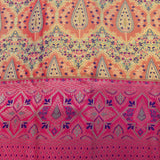 Kanjivaram Rangkat Silk Saree In Peach With Multicolour Paisley Jaal And Contrast Pink Geometric Star Border