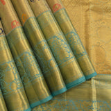 Gold Kanjivaram Silk Saree With Turquoise Border And Multicolour Bird Butti