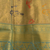 Gold Kanjivaram Silk Saree With Turquoise Border And Multicolour Bird Butti