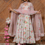 Ivory Floral Printed Chanderi Anarkali Set With Scalloped Hem