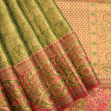 Radiant Leaf Green And Rose Pink Kanjivaram Silk Saree With Gold Zari Checkered Motif Weave