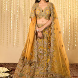 Earthy Yellow Embroidered Tissue Organza Lehenga Set