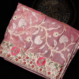 Pink Banarasi Weave Kanjivaram Saree With Multicolour Floral Embroidered Border